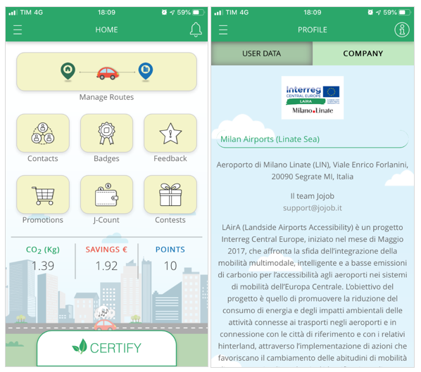 Jojob app interface, company carpooling for Milan sustainable airports